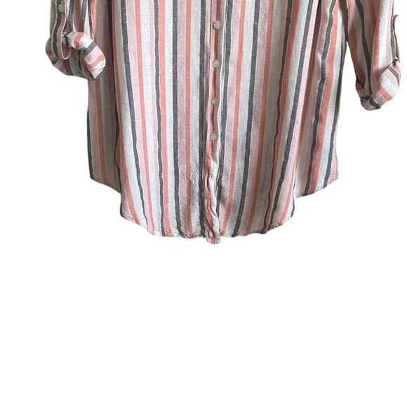 AGB Women Tunic Top L Multicolor Striped Roll Tab Long Sleeve Beachy Coastal - Picture 4 of 11